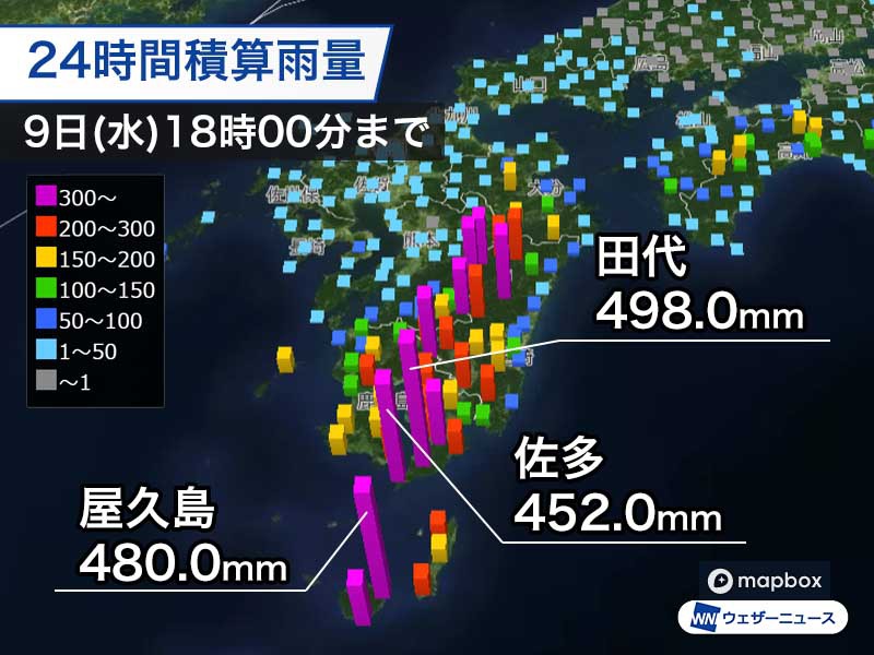 鹿児島・大隅地方で24時間雨量が500mm近くに 土砂災害の危険性高まる