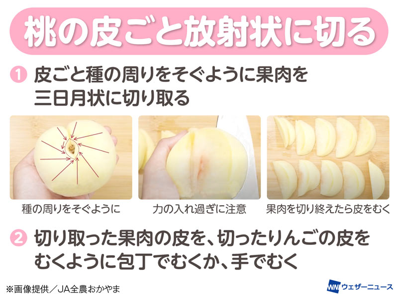 桃（柔らかい皮、ジューシー） 桃農家3代目直伝】一番美味しいのはこれ！桃の切り方・剥き方