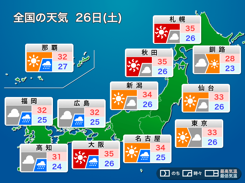 明日26日(土)の天気予報 北日本や東日本は厳しい残暑 西日本は雷雨に注意 - ウェザーニュース