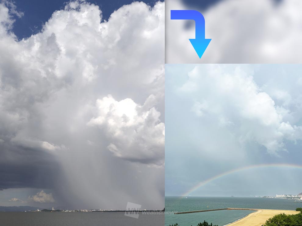 各地でめまぐるしい天気変化 巨大「雨柱」のあとには「虹」かかる - ウェザーニュース