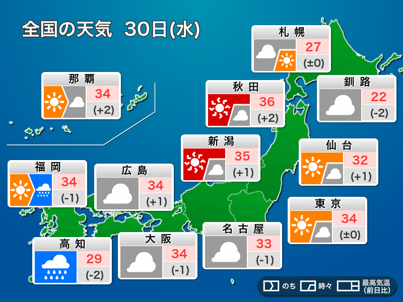 今日の天気 8月30日(水) 西日本は太平洋側を中心に雨 関東など厳しい