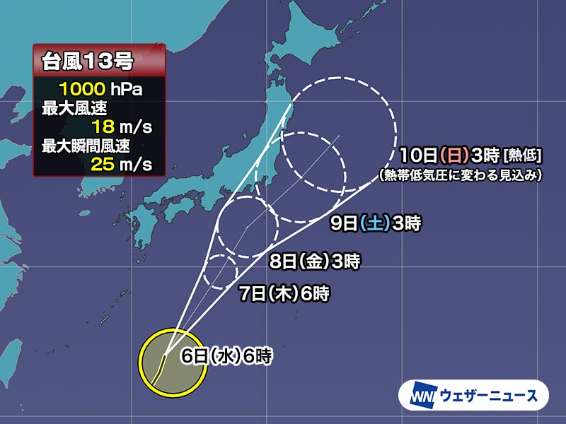 台風13号 関東沖へ北東進 進路やタイミングの不確実性が大 - ウェザー