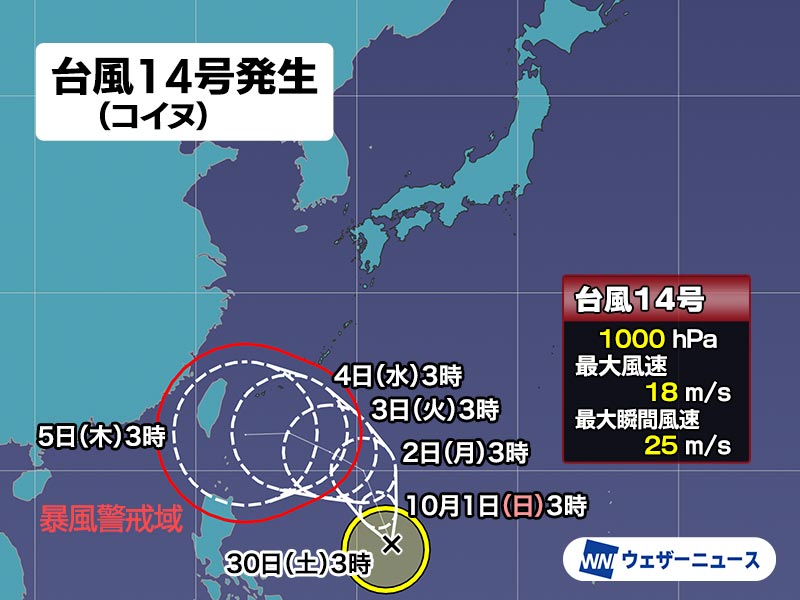 台風 台風14号（コイヌ）発生 沖縄の南に北上する進路 3週間ぶりの台風