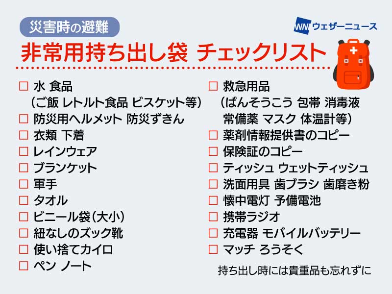 非常用持ち出し袋のチェックリスト 避難の前に確認を - ウェザーニュース