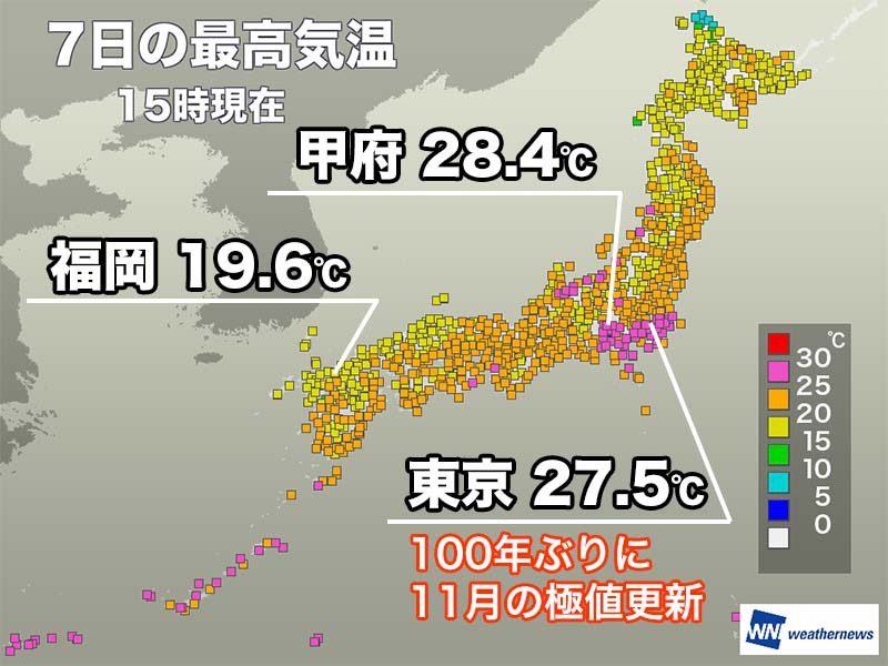東京や横浜などで11月の歴代最高を更新 明日はこの時期らしい気温に戻る - ウェザーニュース