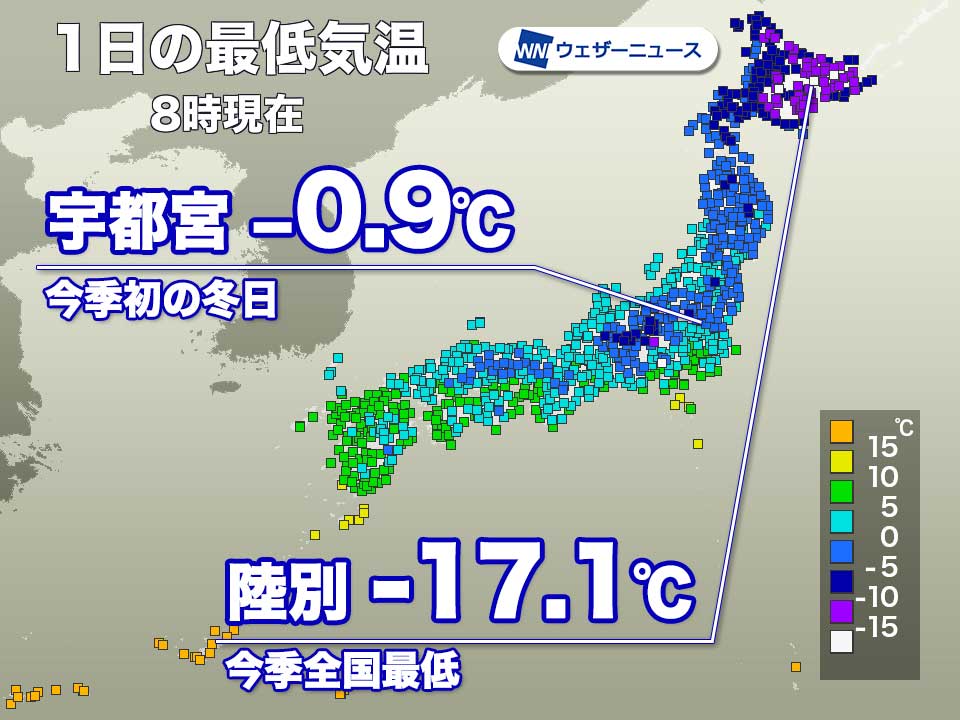 -17.1℃ in Rikubetsu, Hokkaido (lowest temperature in the country this season) On the first winter day of the season in Utsunomiya and other places