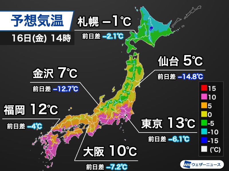 冬型の気圧配置で全国的に気温低下 冷たい北風で昨日より寒く