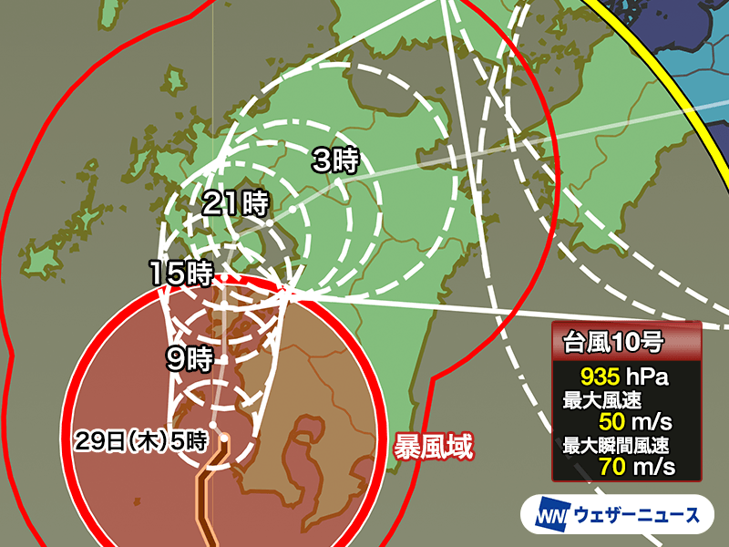 台風10号(サンサン) 九州西岸を北上　枕崎では50m/s超を観測