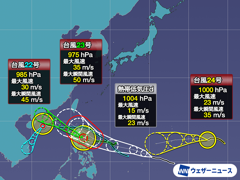 3つの台風に加え、新たな台風も発生予想 4つになると7年ぶり - ウェザーニュース