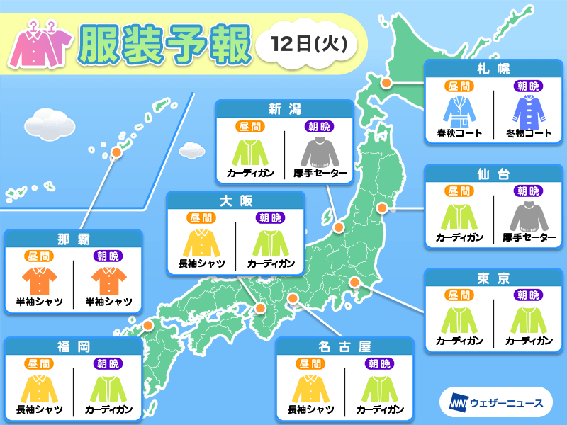 11月12日(火) 各地の気温変化と最適な服装