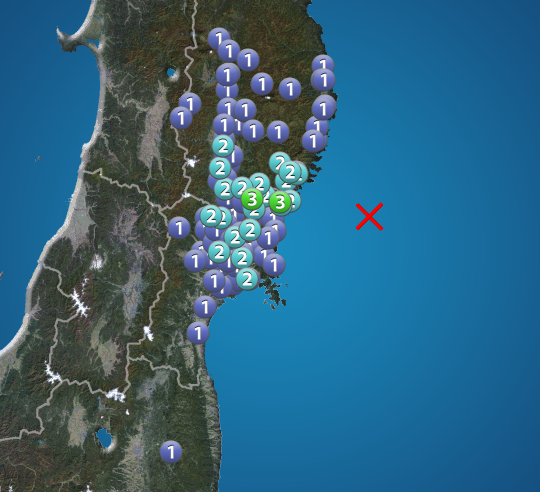 M4.3 earthquake off coast of Miyagi Prefecture Seismic magnitude 3 in Iwate and Miyagi prefectures Don’t worry about tsunami