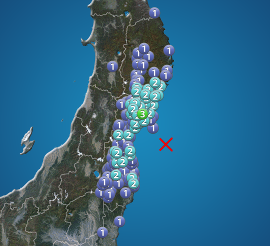 宮城県沖でM4.5の地震 最大震度3 津波の心配なし