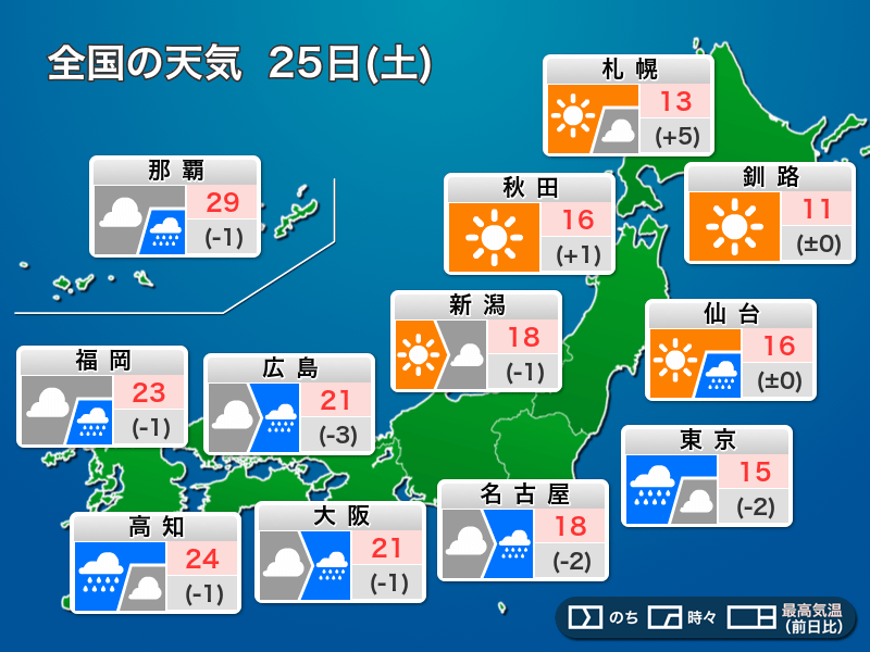 今日10月25日(土)の天気予報 西日本や東日本は広く雨 北海道は日差しの