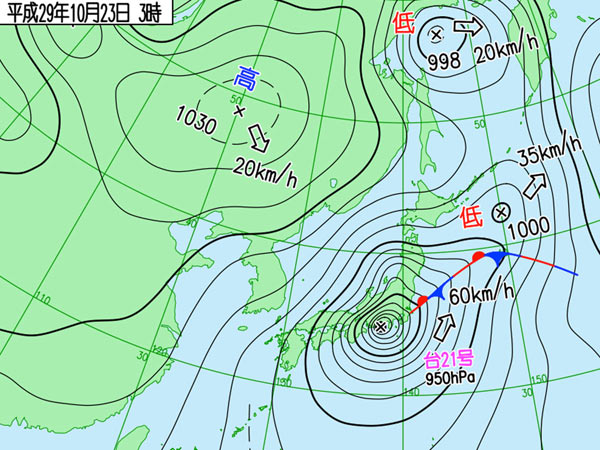 台風が近づくと気圧が一気に下がる 10月23日の天気図